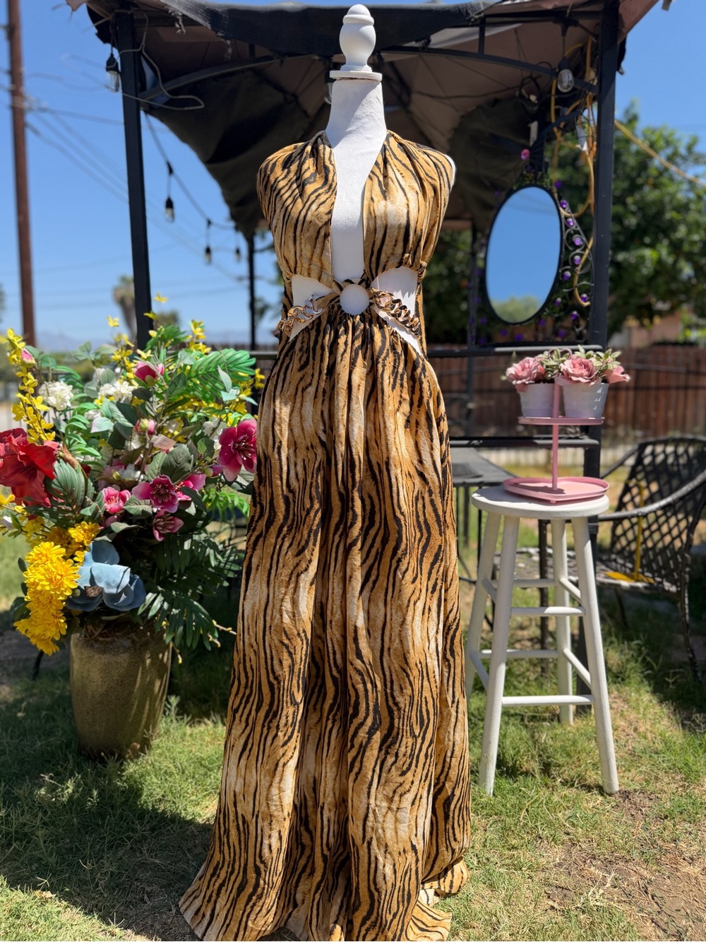 Othr Tiger-Print Cutout Maxi Dress in Black and Tan